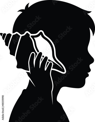 Child silhouette listening to seashell, imagination and curiosity concept, ocean sounds, childhood wonder, listening to nature, inner discovery, black and white illustration