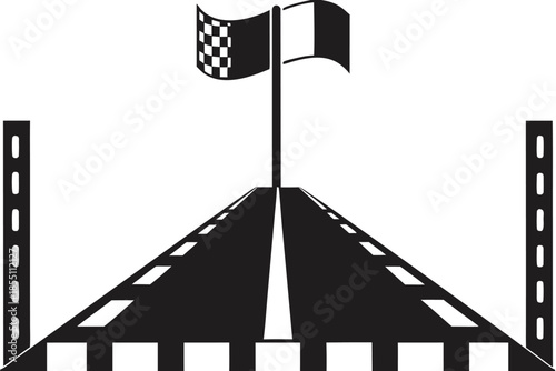 Straight black asphalt road leads toward checkered flag, featuring dashed lines and barriers