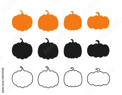 Pumpkin Silhouettes Collection in Solid and Outline Styles. Halloween Autumn Illustration for Seasonal Design and Decorations