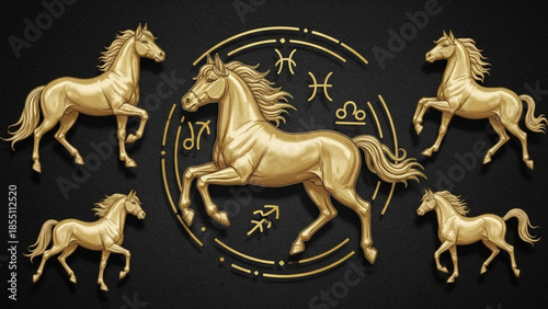 Golden horse zodiac signs astrological symbols and constellations luxury concept for horoscopes and fortune telling