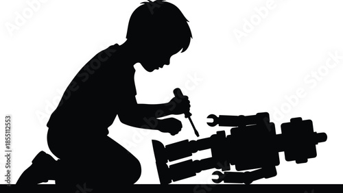 Child silhouette repairing broken robot toy, problem solving and learning concept, curiosity and creativity, hands on education, childhood innovation, black and white illustration