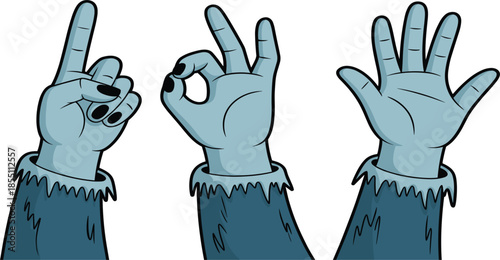 Spooky Blue Zombie Hand Vector Set Featuring Undead Fingers Making One, Okay, and Five Gestures