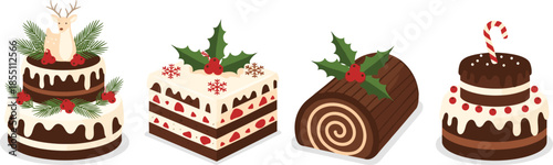 Four festive Christmas cakes with holiday decorations and toppings holiday desserts