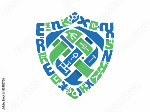 Abstract Shield Design Modern, Interwoven Elements in Blue and Green for Protection and Security