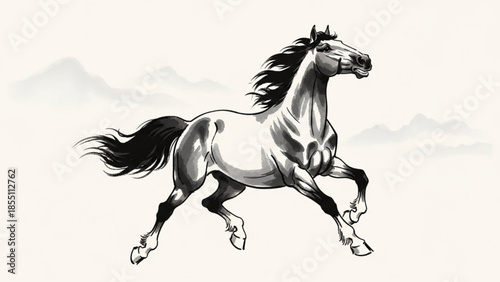 Dynamic ink wash painting of a galloping horse traditional Chinese art style symbolizing power and freedom isolated on