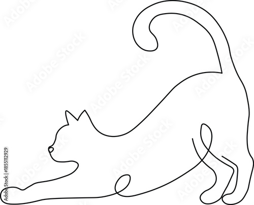 Graceful one line drawing of a stretching cat, minimalist pet art illustration