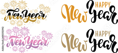 Happy New Year icon set. Lettering text for Happy New Year.