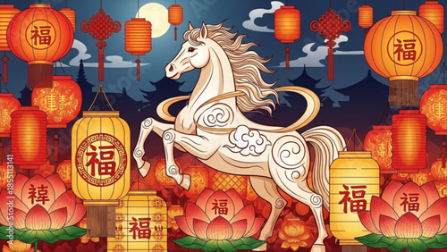 White horse with Chinese lanterns and lotus flowers traditional New Year celebration festive oriental background