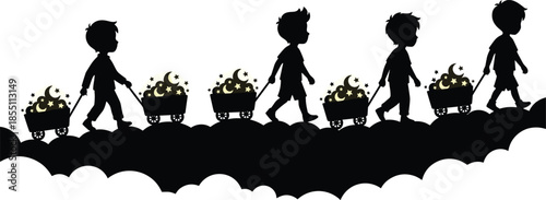 Children silhouettes pulling carts of stars and moons, whimsical night journey of imagination and dreams, fantasy storytelling scene, monochrome vector illustration