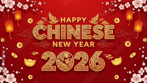 Happy Chinese New Year 2026 golden ornate text and symbols on red background festive celebration banner