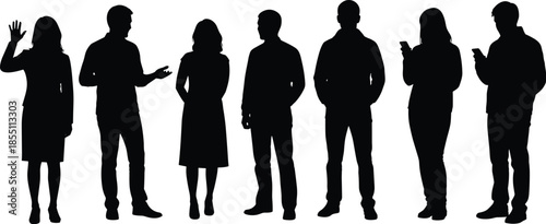Seven black silhouettes of people standing and using smartphones in a line