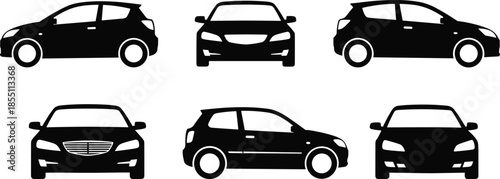 Black car silhouette icons set featuring sedan and hatchback vehicles, front and side view transportation, automotive traffic vector flat illustrations