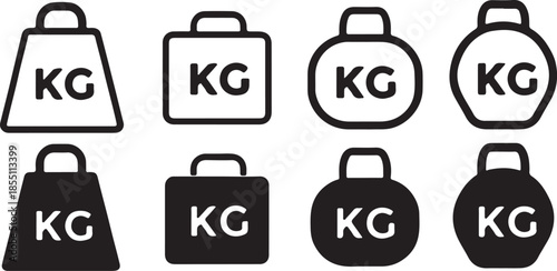 Variety of kilogram weight icons in different shapes and colors