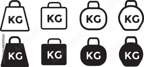 A set of black and white weight icons with kg labels on them isolated on