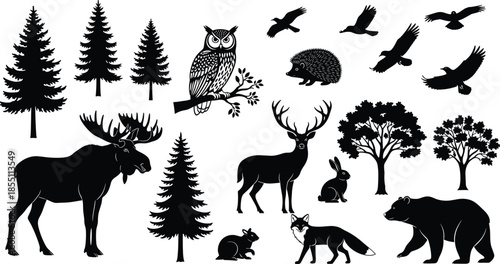 PrintBlack forest animal silhouettes set with moose, bear, deer, owl, fox, hedgehog, rabbit, birds, evergreen pine trees and leafy oaks, isolated.