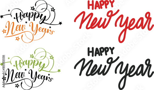 Happy New Year icon set. Lettering text for Happy New Year.