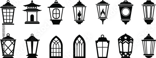 PrintBlack lantern silhouette icons set featuring vintage street lamps, garden lights, oriental pagodas, ramadan kareem lamps, and decorative lighting vector illustrations