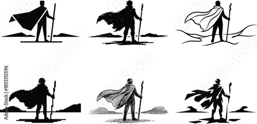 Lone wanderer silhouette standing with staff and flowing cape, heroic journey concept, minimalist fantasy character poses, monochrome vector illustration set