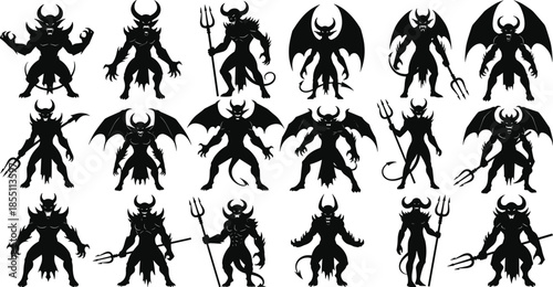 PrintBlack devil silhouette icons set featuring demonic monsters with horns, wings, pitchforks, satanic creatures, and hellish fantasy characters vector flat illustrations