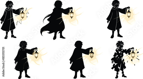 Mystical child silhouette holding glowing lantern, fantasy light bearer character illustration set, magical night guidance theme, monochrome vector art collection