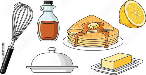 Pancake day celebration icons including whisk syrup bottle butter dish lemon slice and stack of crepes breakfast vector illustrations