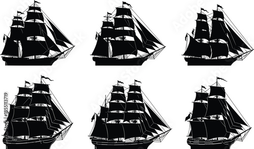 PrintBlack sailing ship silhouette icons set featuring vintage pirate vessels, tall ships, nautical maritime travel, ocean explorer boats vector flat illustrations