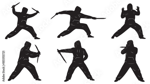 A Collection of Black Vector Silhouettes Depicting Figures Engaged in Knife-Based Martial Arts Combat or Self-Defense Training