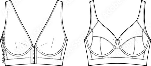 PrintBra flat sketch, lingerie technical drawing, female underwear set template, apparel design vector mockup illustration, fashion CAD drawing, high waist.