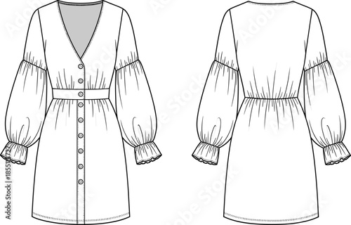 PrintFashion Technical Sketch of a Women's V-Neck Button-Down Mini Dress with Bishop Sleeves and Elasticated Waist in Front and Back