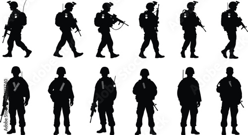 PrintBlack military soldier silhouette collection, armed infantry forces, tactical army personnel, special forces units, isolated on white background, vector war illustration.