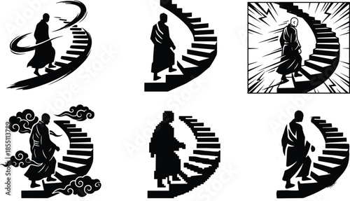 Mystical figure ascending spiral staircase, symbolic journey of growth and destiny, surreal fantasy silhouettes, spiritual transition concept, monochrome vector illustration set