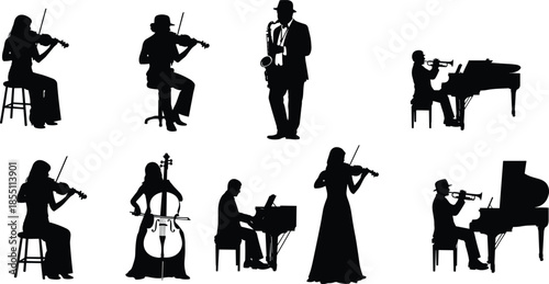 PrintBlack silhouette collection of professional musicians playing violin, cello, saxophone, trumpet, and piano, isolated on white background for jazz classical music.