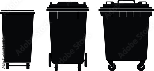PrintBlack trash bin silhouettes set with garbage container icons, waste recycling wheelie bins, plastic refuse cans for disposal, isolated vector.
