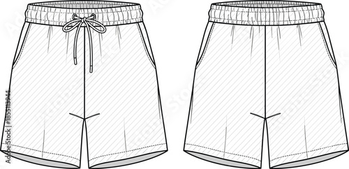 PrintLingerie flat sketch, female lace bra and high waist panty technical drawing, underwear set template, apparel design vector mockup illustration.