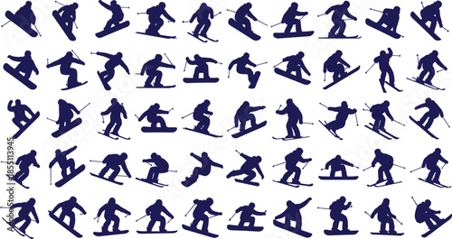 Silhouettes of skiers and snowboarders in various dynamic poses on a white background