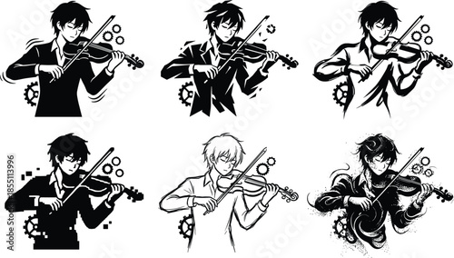 Mystical violinist silhouette performing music, dark fantasy character illustration set, expressive motion, artistic emotion, dramatic monochrome vector art design