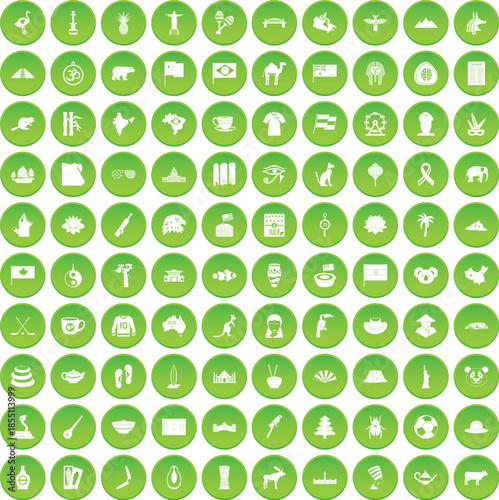100 landmarks icons set green circle