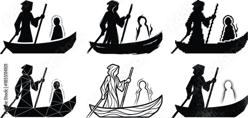 Mythical ferryman boat silhouettes guiding souls, dark fantasy afterlife illustration set, symbolic journey across river, monochrome vector art collection