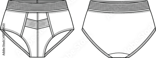 PrintMen underwear flat sketch, male briefs technical drawing, sport boxer briefs template, high waist underpants vector, apparel design mockup illustration.