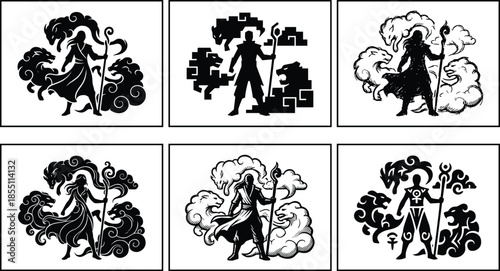 Mystical wizard silhouette surrounded by magical smoke, dark fantasy sorcerer illustration set, arcane power symbols, monochrome vector art collection