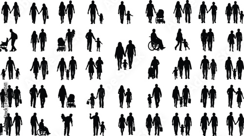 Collection of Family Silhouettes Featuring Couples, Parents with Children, Strollers, Seniors, Wheelchair Users, and People Walking Together for Various Lifestyle Projects