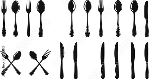 PrintCollection of Cutlery Silhouettes Featuring Forks, Spoons, and Knives for Restaurant Branding, Dining Etiquette, Kitchenware Design, Catering, and Menu Graphics
