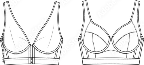 PrintTechnical CAD vector illustration of a women's front closure bralette, featuring plunging neckline, wide straps, and supportive under-bust band details.