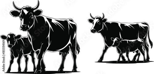 Detailed Black and White Cow and Calf Silhouette Set for Dairy Farm Branding and Agriculture