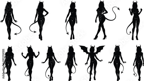 PrintCollection of sexy female devil silhouettes, standing demon girl vectors with horns and tails, isolated on white background for Halloween.