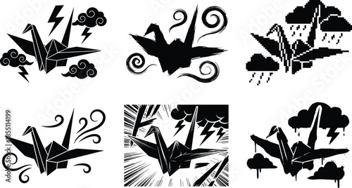 Origami paper crane weather icons set, storm rain wind lightning symbols, minimalist dark fantasy illustration, monochrome vector design collection