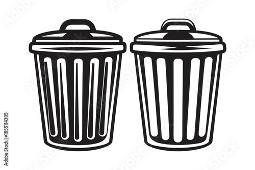 Two monochrome trash cans with lids sit side by side on a white background