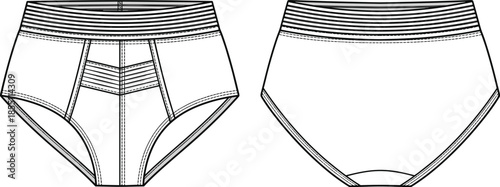 PrintTechnical CAD vector illustration of women's high waisted paneled briefs featuring a striped elastic waistband and front mesh insert details.
