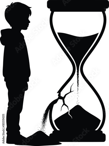 Silhouette of child observing cracked hourglass leaking sand, symbolic time passage, fragility of life, change and reflection theme