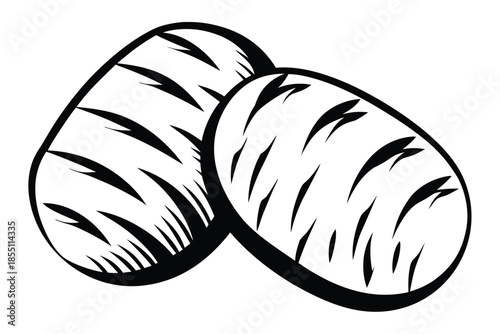 Two Oval Potatoes with Bud Outlines on White Background